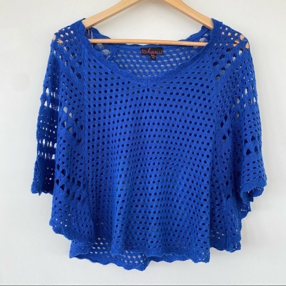 Open knit sweater with bat wing sleeves, crochet knit